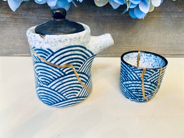Kintsugi Bowl, Home Decor, Personalized Gifts, Gifts for Her, Gifts for Him, Wedding Gifts, Kintsugi Repaired Blue Wave Tea Set